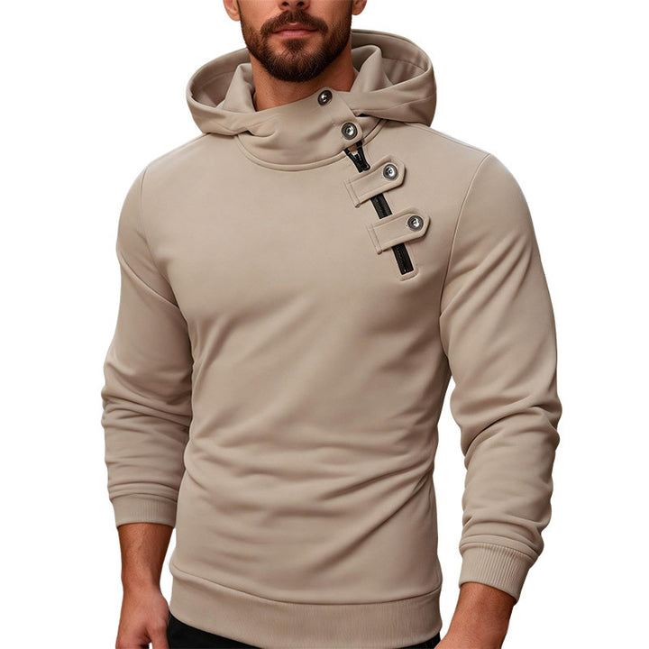 Men's fitted hoodie with high collar, decorative tabs and concealed diagonal zipper StylebySassy