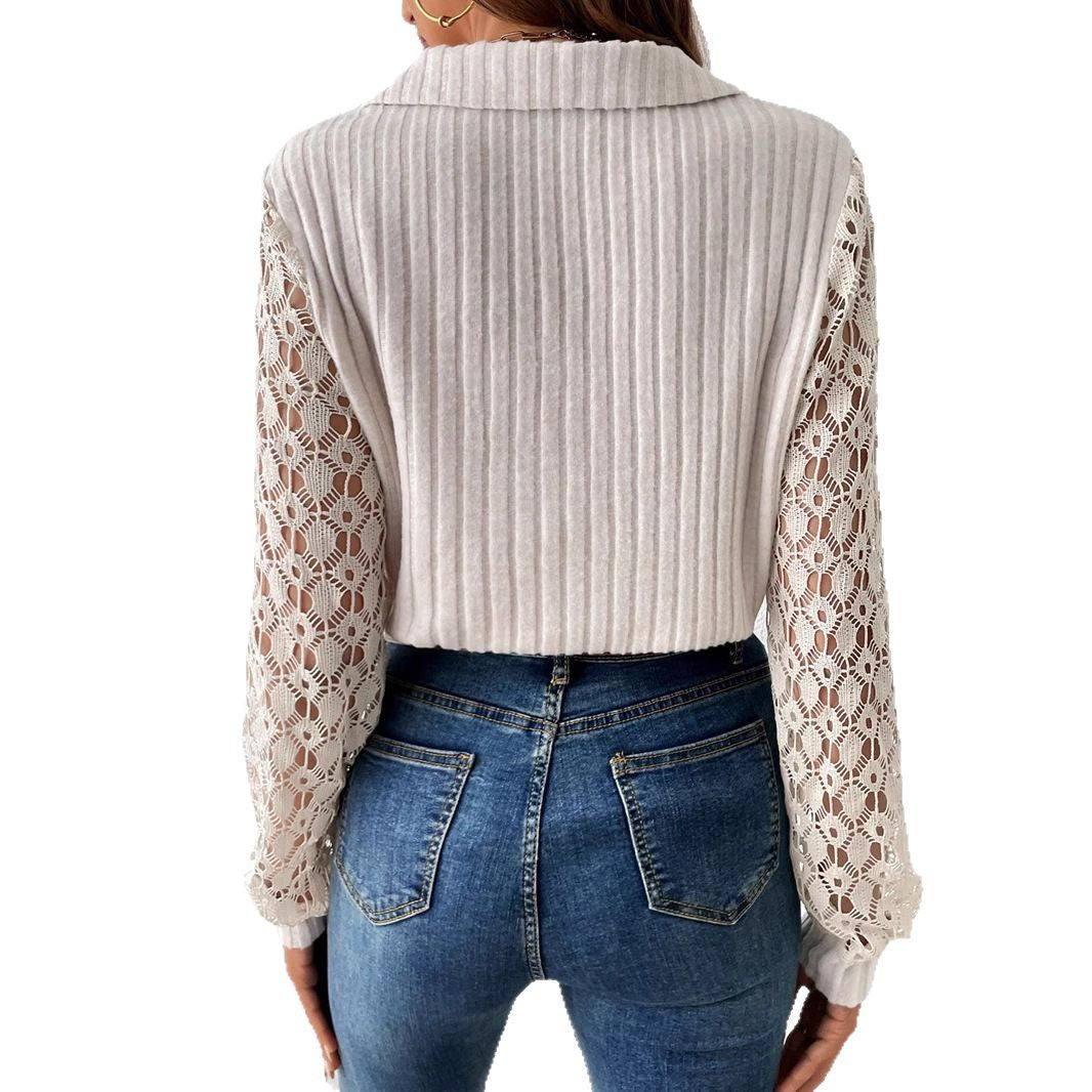 Women's ribbed fine knit polo with crochet sleeves and V-neck StylebySassy