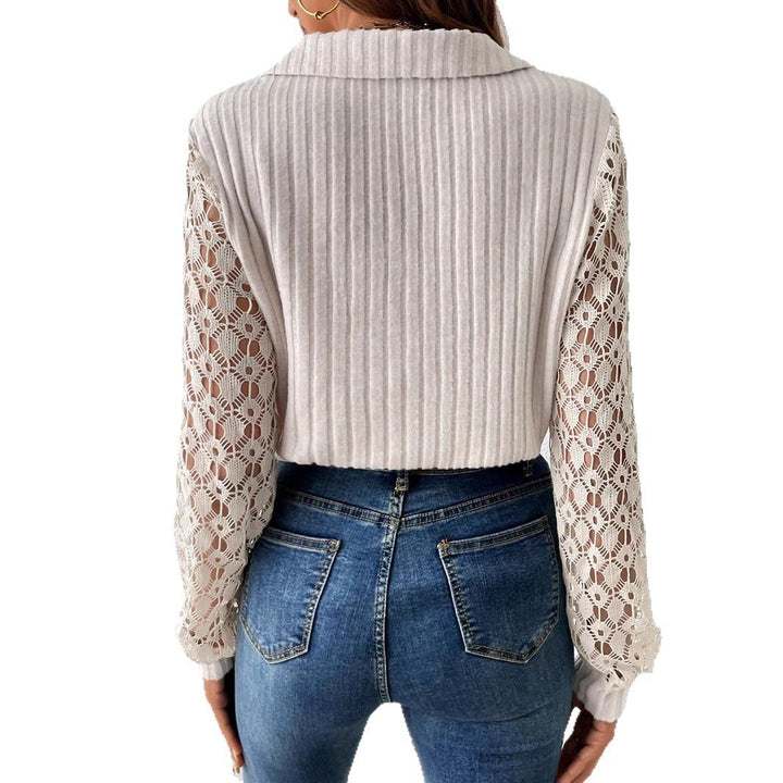 Women's ribbed fine knit polo with crochet sleeves and V-neck StylebySassy