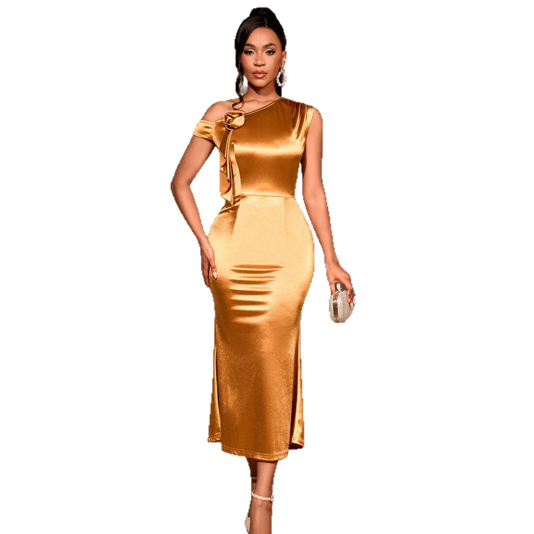 Women's elegant satin cocktail dress with shoulder pleats and side slit StylebySassy