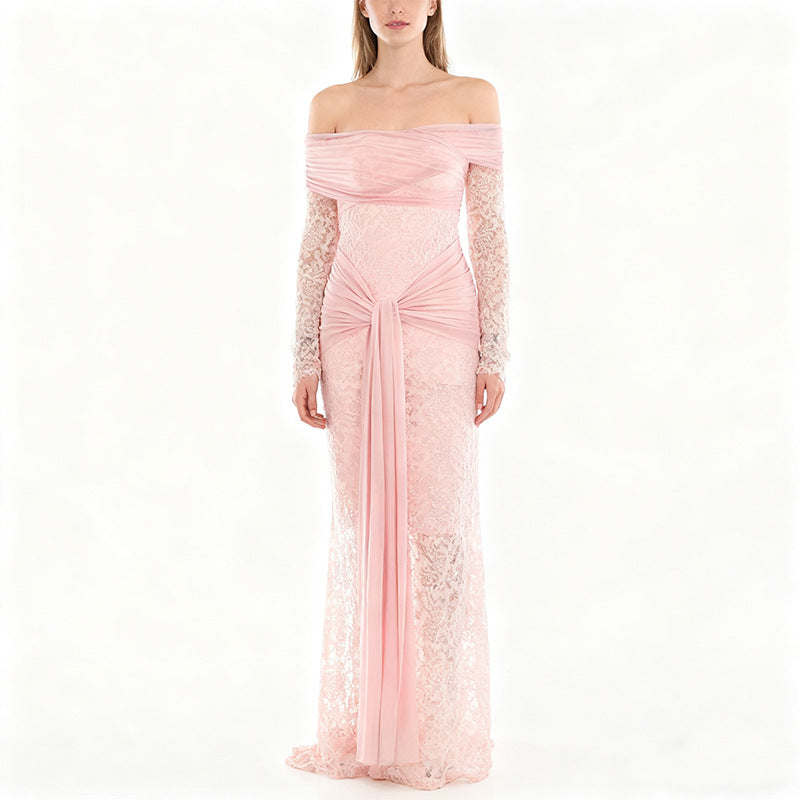Women Elegant Lace Dress with Off-Shoulder Neckline and Draping StylebySassy