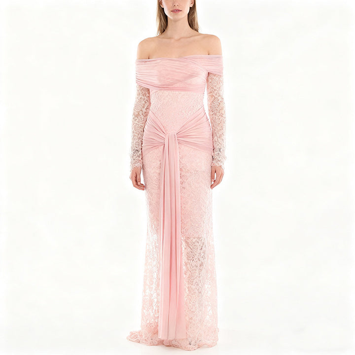 Women Elegant Lace Dress with Off-Shoulder Neckline and Draping StylebySassy