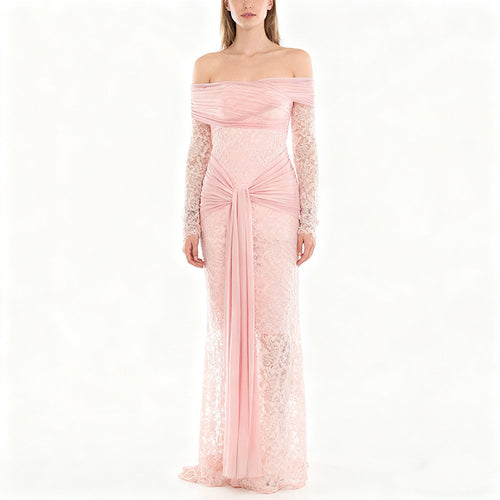Women Elegant Lace Dress with Off-Shoulder Neckline and Draping StylebySassy