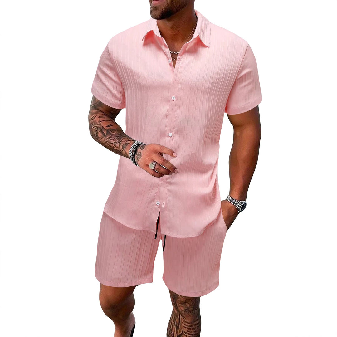 Men's lightweight short-sleeve shirt with open collar and matching casual shorts made of textured cotton blend StylebySassy