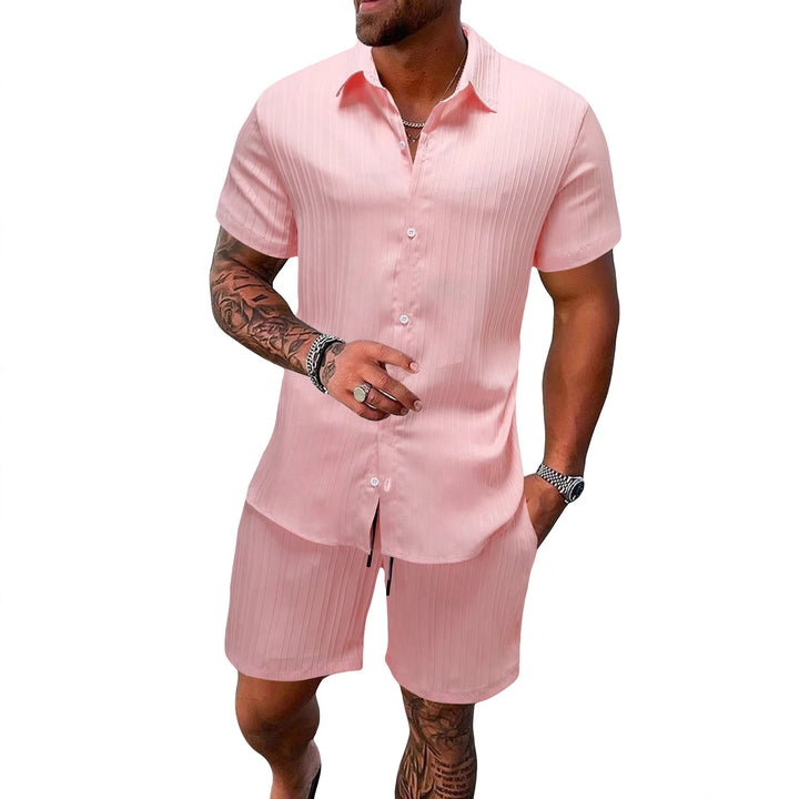 Men's lightweight short-sleeve shirt with open collar and matching casual shorts made of textured cotton blend StylebySassy