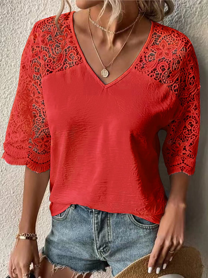 Women’s V-neck lace blouse with three-quarter crochet sleeves and crinkle look StylebySassy