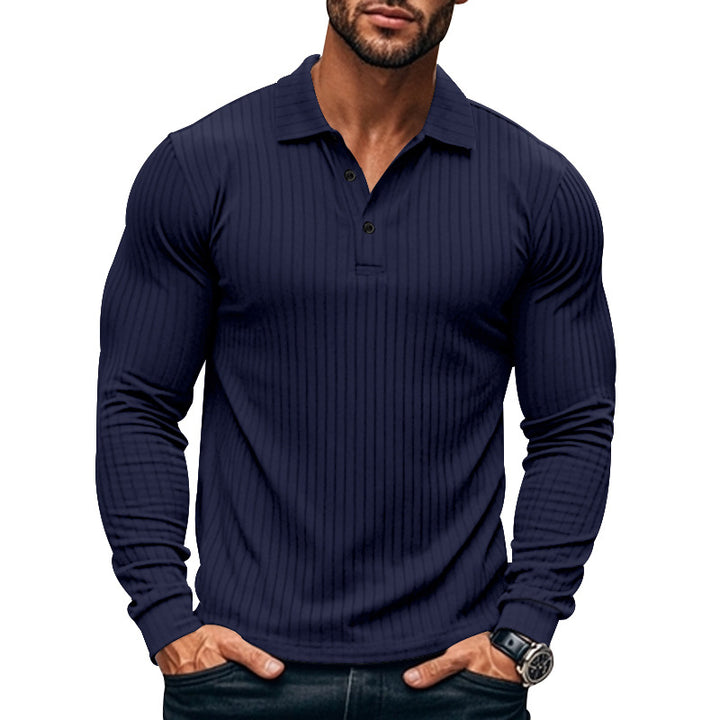 Men's tight-fitting ribbed long-sleeve polo shirt with kent collar and short button placket StylebySassy
