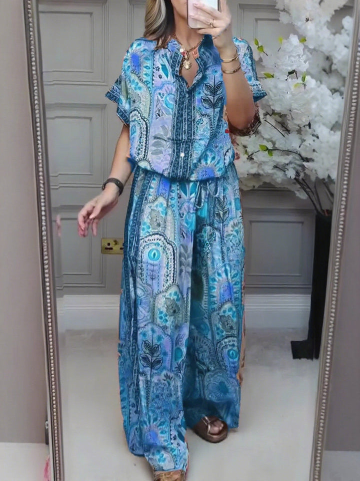 Women's Boho two-piece made of lightweight viscose with short-sleeve blouse, button placket, drawstring waistband, and wide palazzo pants StylebySassy