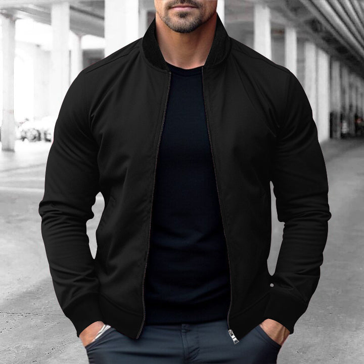 Men's lightweight cotton blouson with contrasting collar, visible metal zipper, and side pockets StylebySassy