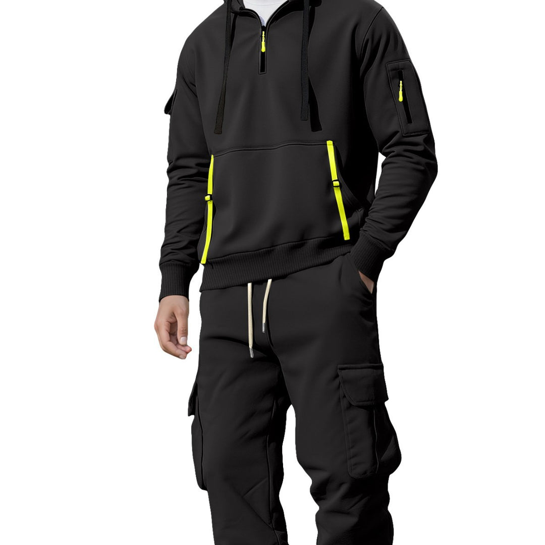 Men's casual half-zip hoodie with kangaroo pocket and cargo jogging pants with zipper details StylebySassy