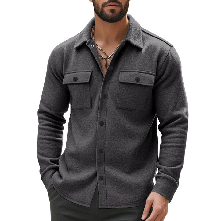 Men's unlined shirt jacket with fleece lining, patch chest pockets and snap button placket StylebySassy
