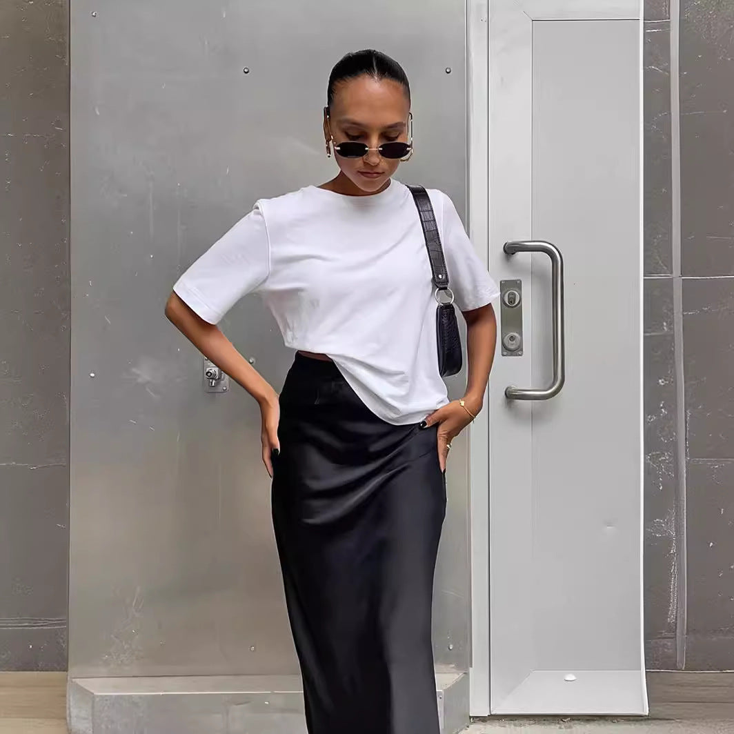 Ladies Long Satin Skirt with High Slit StylebySassy