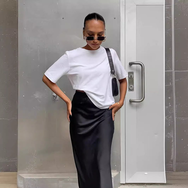 Ladies Long Satin Skirt with High Slit StylebySassy