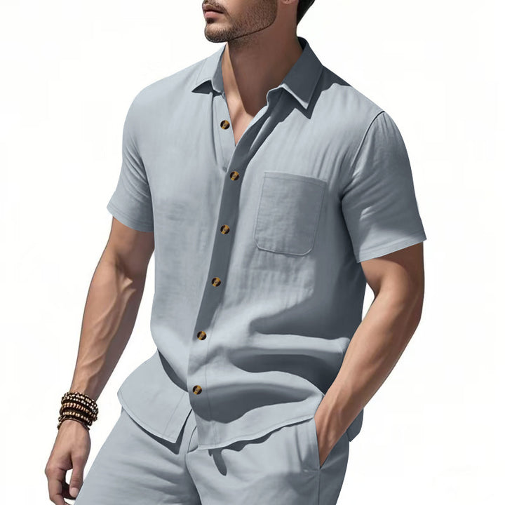 Men's short-sleeve resort shirt made of linen blend with chest pocket and drawstring Bermuda StylebySassy