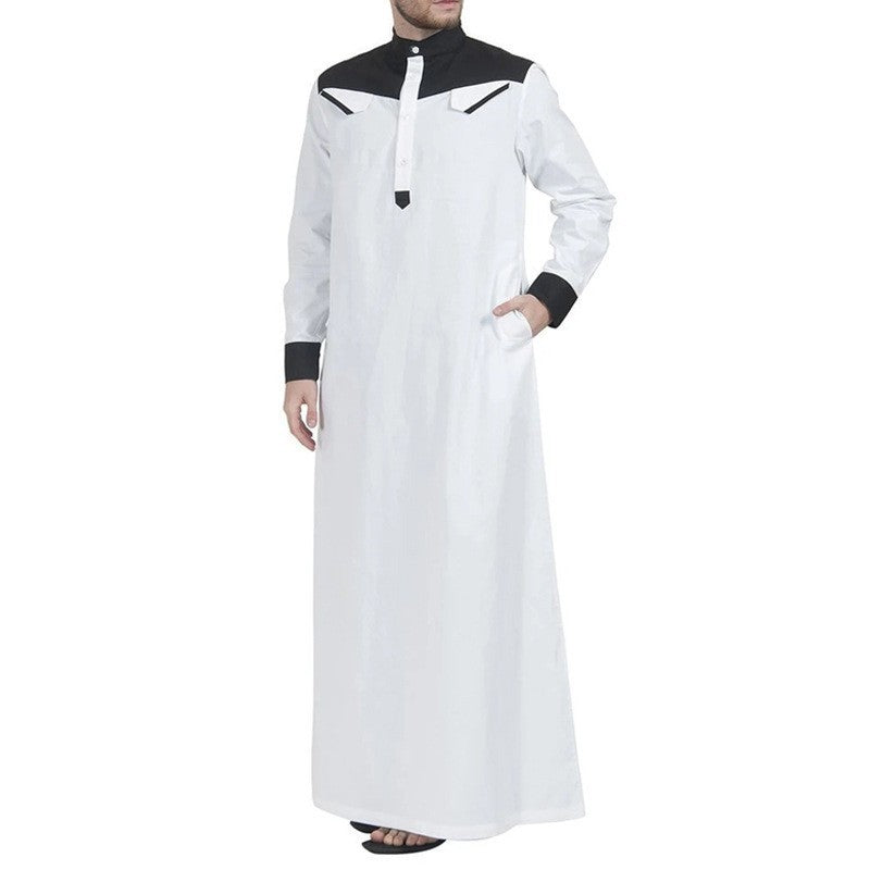 Men's long thobe with contrasting shoulder yoke, stand collar, and side pockets StylebySassy