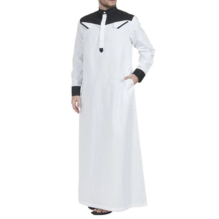 Men's long thobe with contrasting shoulder yoke, stand collar, and side pockets StylebySassy