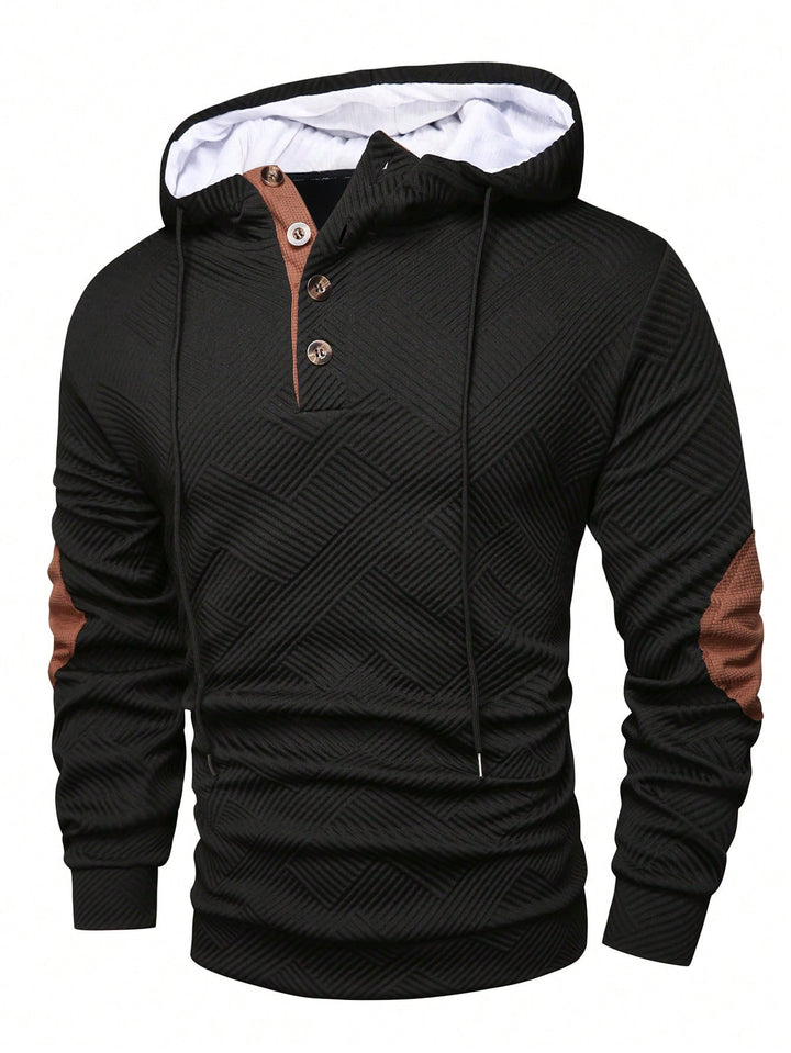 Men's structured hoodie in Henley style with contrast trim and elbow patches StylebySassy