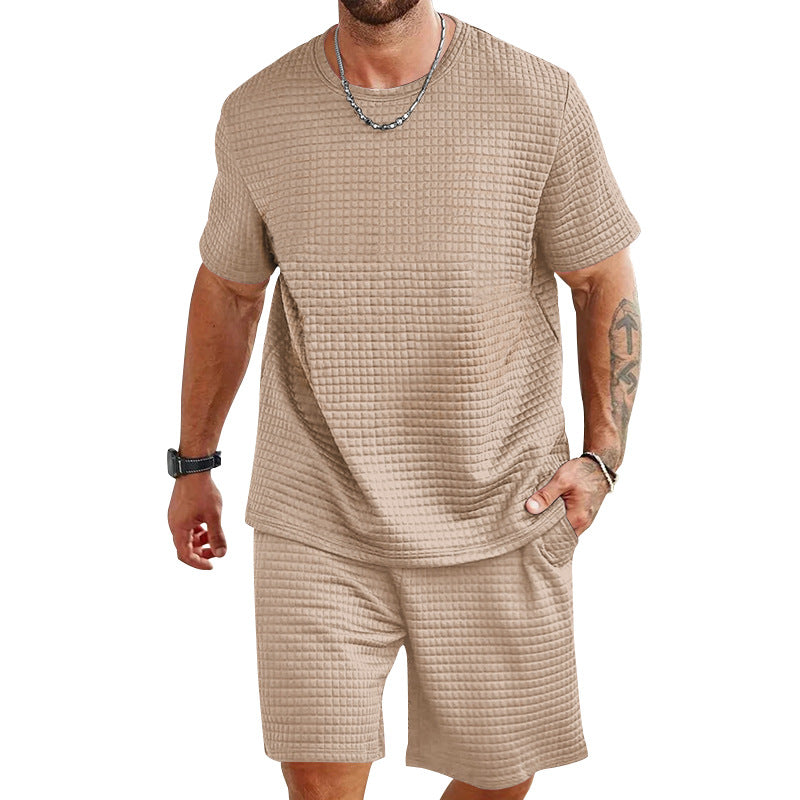 Men's waffle structure lounge and leisure set with wide-cut short-sleeve shirt and shorts with elastic waistband StylebySassy