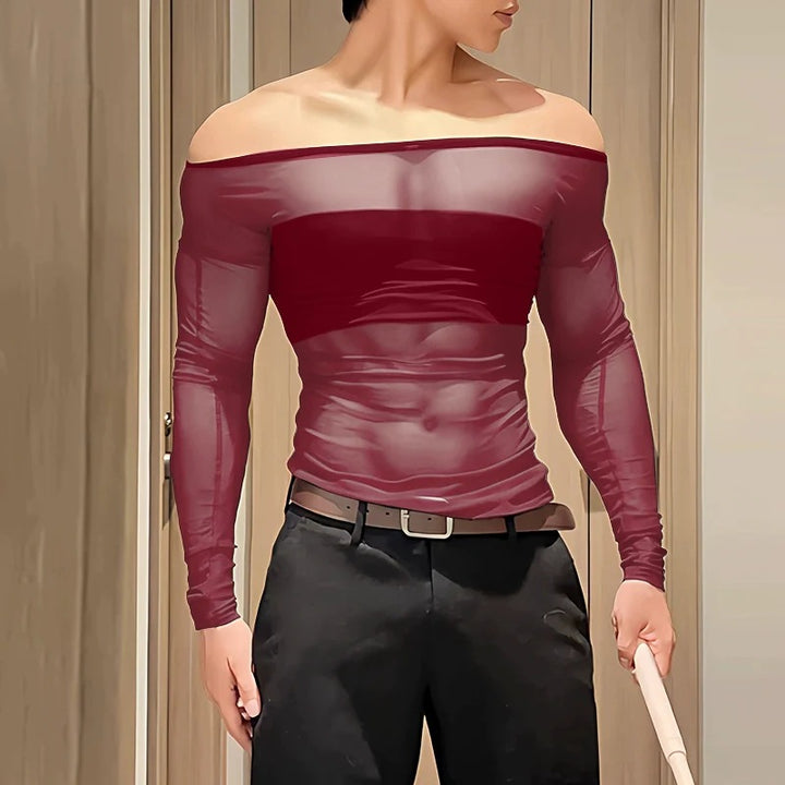 Ladies' sheer mesh long sleeve top with opaque chest band and wide round neckline StylebySassy