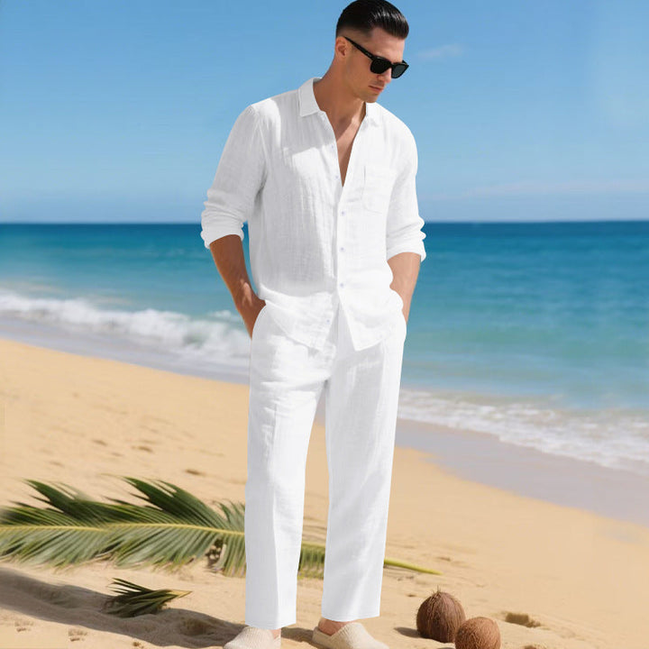 Men's lightweight linen outfit with stylish shirt and elegant pants StylebySassy