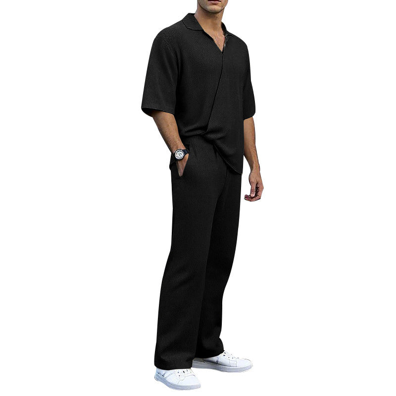 Men's finely structured two-piece set with open polo collar short sleeve shirt and straight comfort waistband pants StylebySassy