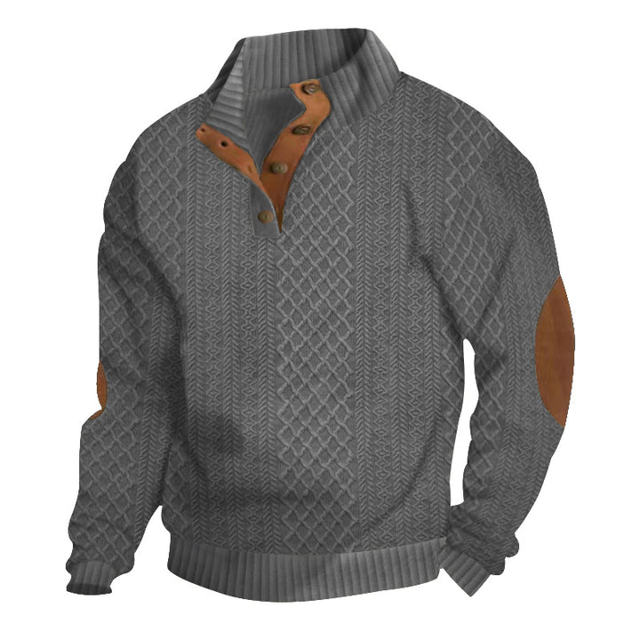 Men's chunky cable knit Troyer with button placket and suede elbow patches StylebySassy