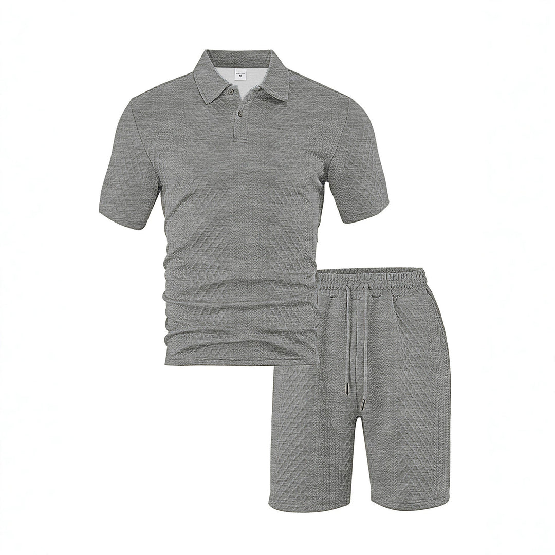 Men's elegant leisure two-piece made of textured knit with polo collar short-sleeve shirt and drawstring Bermuda StylebySassy