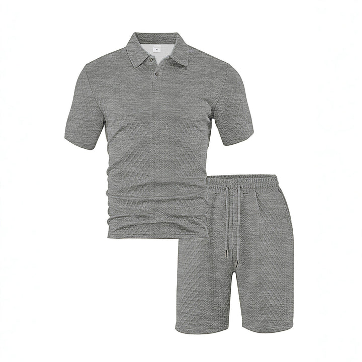 Men's elegant leisure two-piece made of textured knit with polo collar short-sleeve shirt and drawstring Bermuda StylebySassy