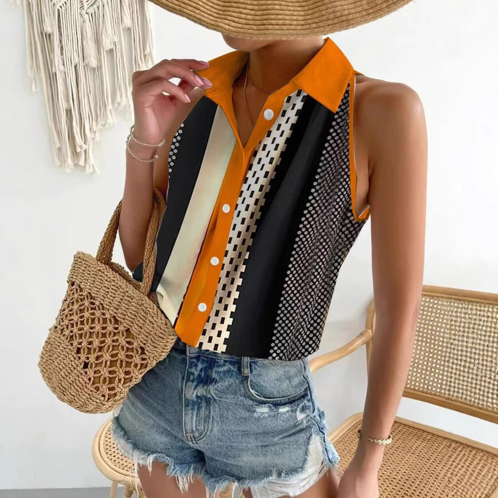 Women's sleeveless blouse top with shirt collar, continuous button placket and asymmetrical panel print StylebySassy