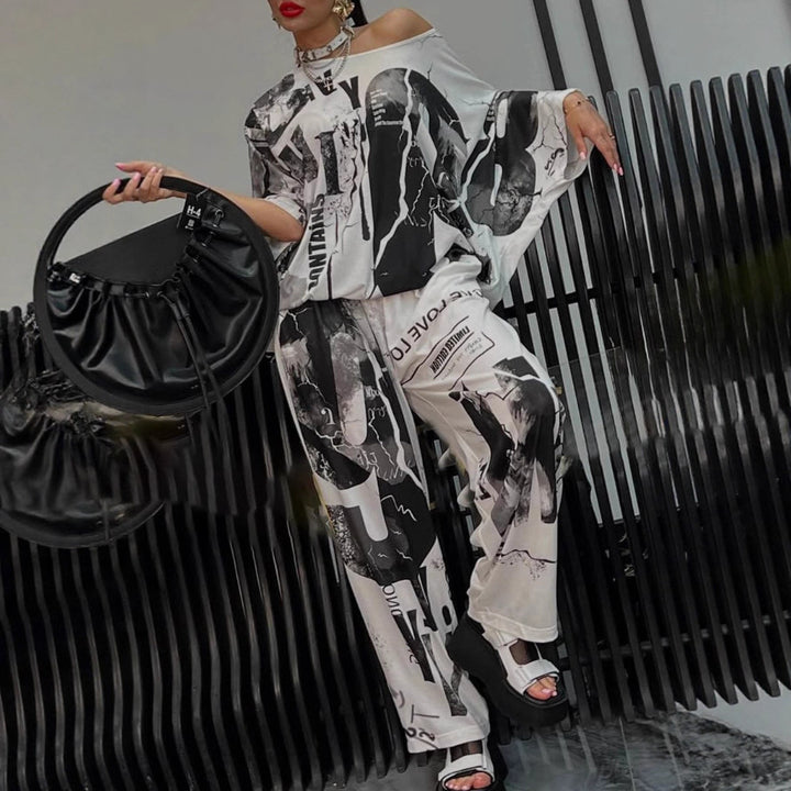 Ladies two-piece wide satin leisure set with off-shoulder batwing top and palazzo pants StylebySassy