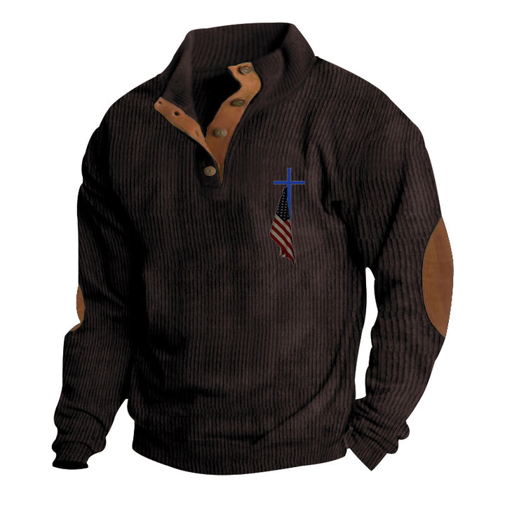 Men's structured troyer with faux leather elbow patches, V-button placket, and discreet emblem StylebySassy