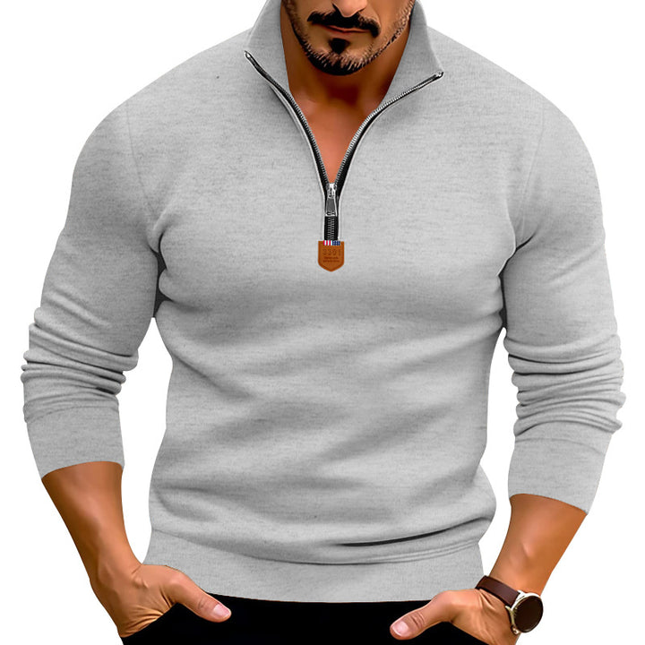 Men's narrow cut fine knit pullover with short zipper, shaping seams, and stretch waistband StylebySassy