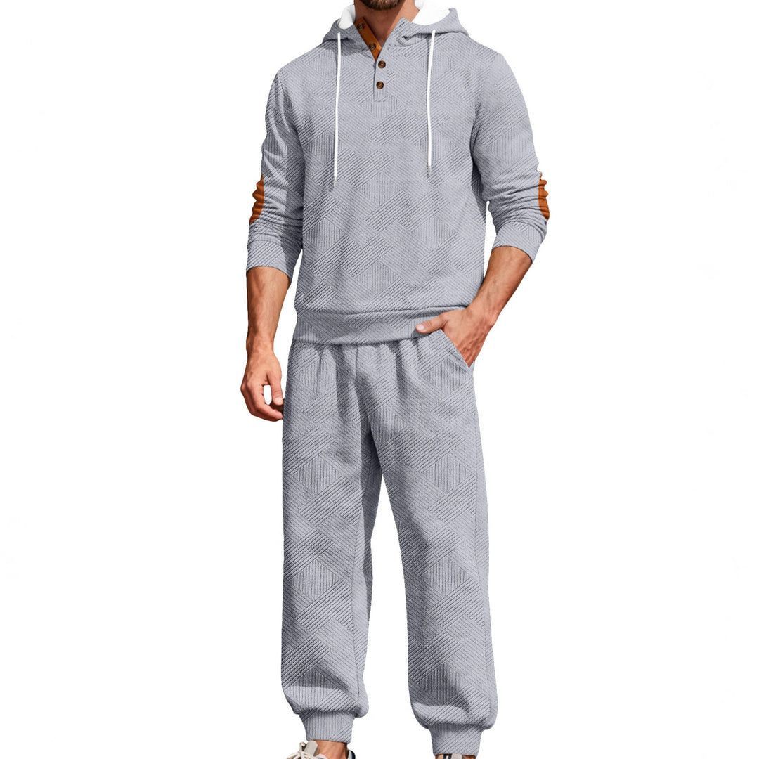 Men's textured hoodie jogging set with Henley button placket and contrast elbow patches StylebySassy