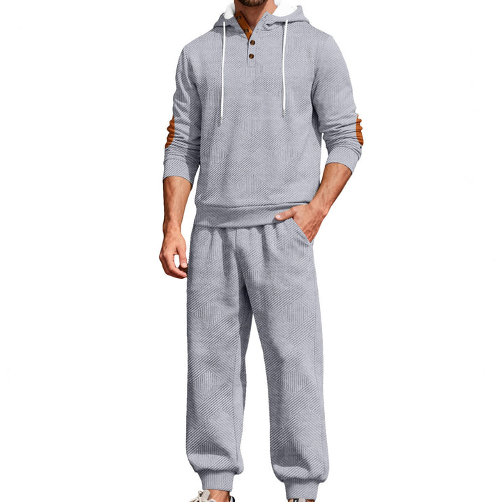 Men's textured hoodie jogging set with Henley button placket and contrast elbow patches StylebySassy