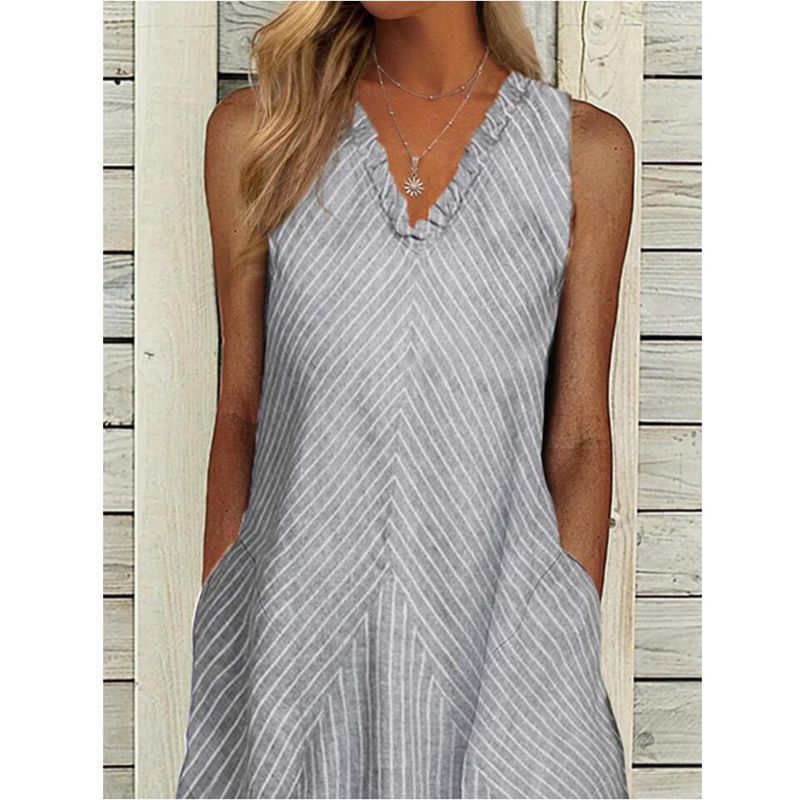 Women’s sleeveless A-line midi dress with ruffle V-neck, diagonal striped linen look and side pockets StylebySassy