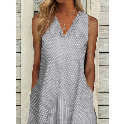 Women’s sleeveless A-line midi dress with ruffle V-neck, diagonal striped linen look and side pockets StylebySassy