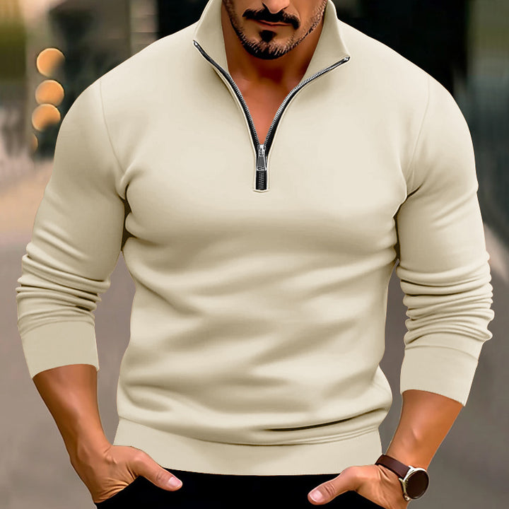 Men's fitted fine knit pullover with short zipper and stand-up collar StylebySassy
