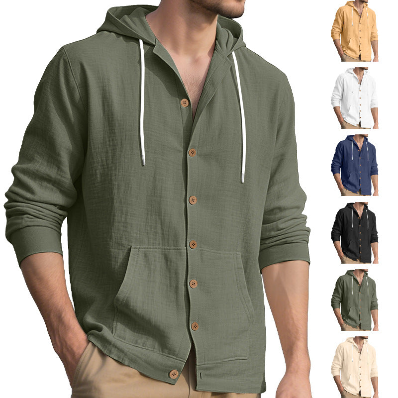 Men's lightweight hooded overshirt in crinkle look with wooden button placket and kangaroo pocket StylebySassy