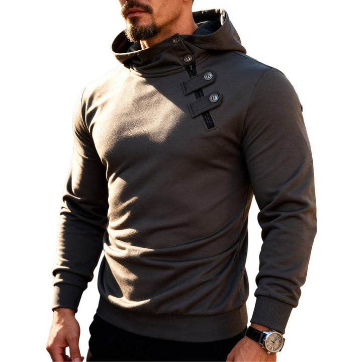 Men's fitted hoodie with high collar, decorative tabs and concealed diagonal zipper StylebySassy