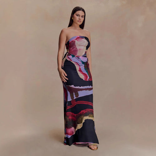 Women's Strapless Maxi Dress with Flowing Fabric and Artistic Print StylebySassy