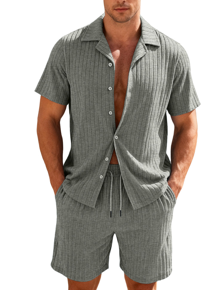 Men's ribbed fine knit lounge set with short sleeve lapel shirt and drawstring shorts StylebySassy