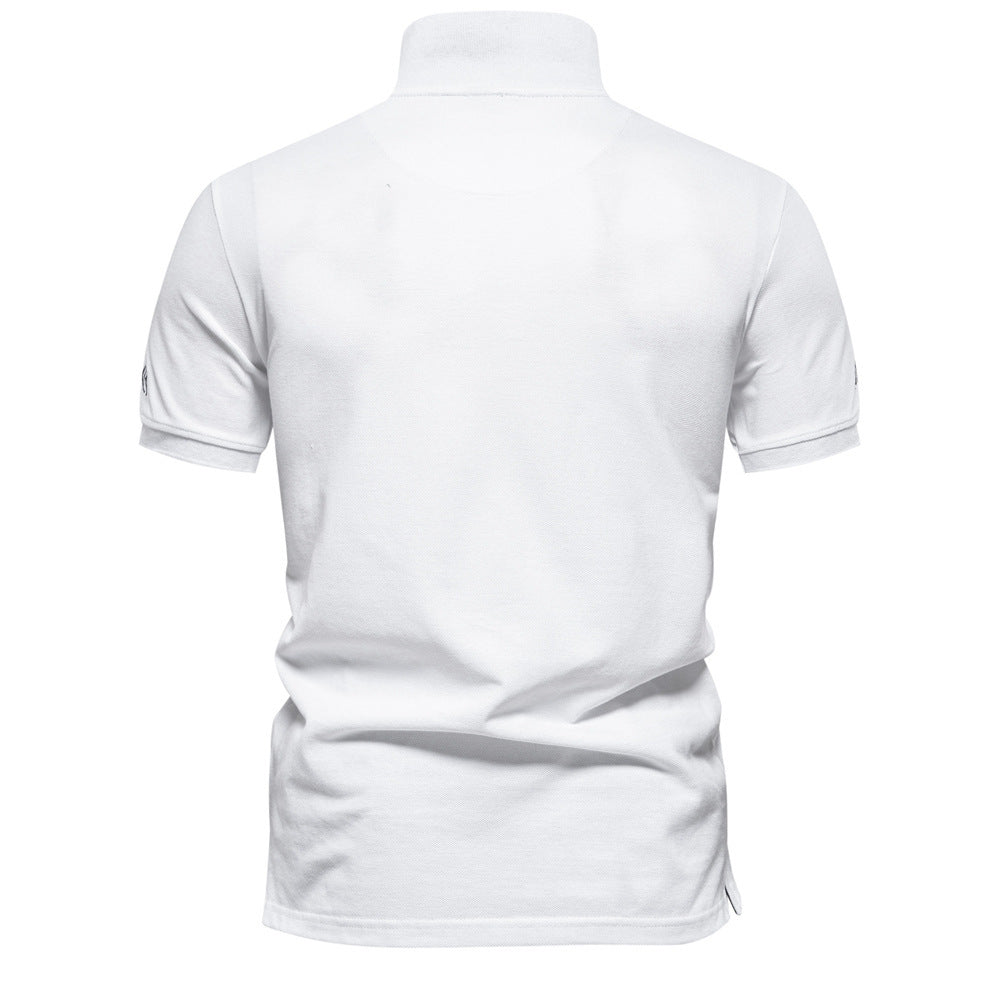 Men's nan casual polo with short button placket, embroidered arrow motif panel, and stand-up collar StylebySassy