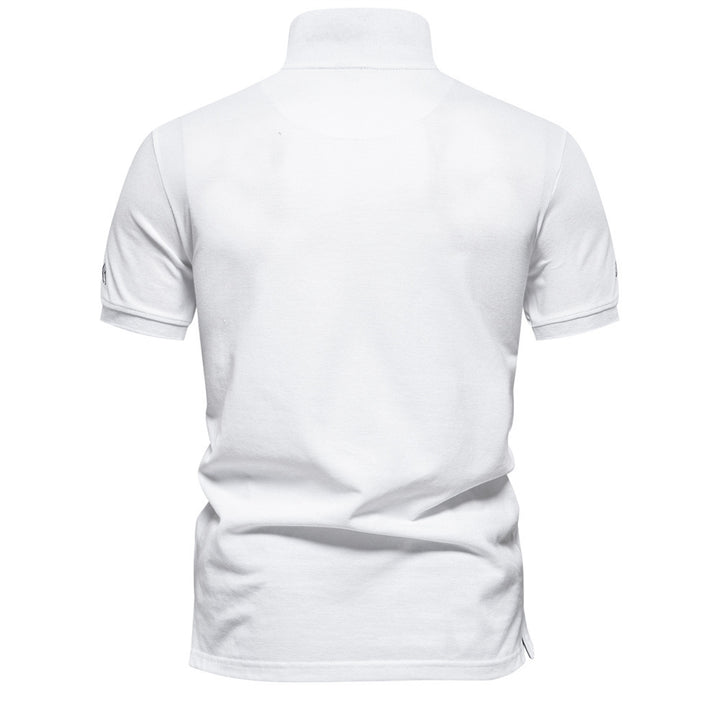 Men's nan casual polo with short button placket, embroidered arrow motif panel, and stand-up collar StylebySassy