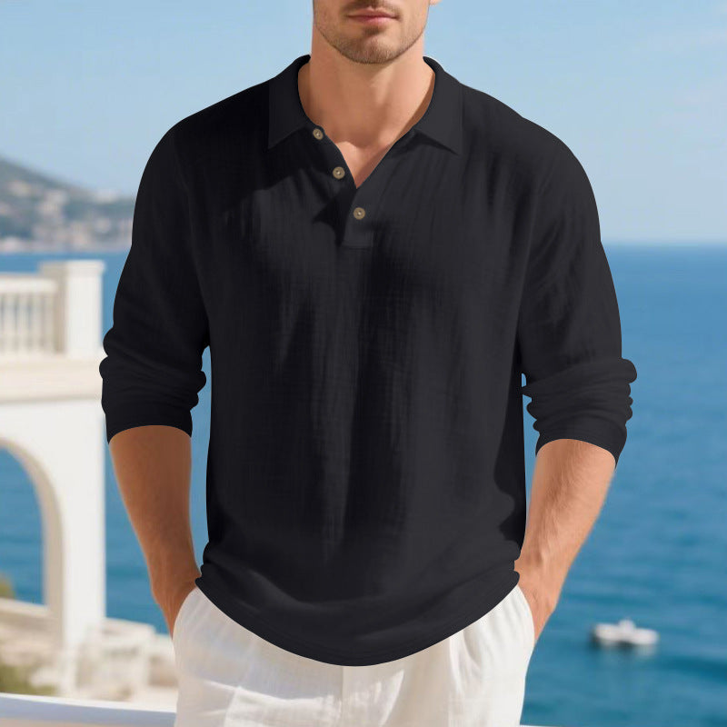 Men's Musselin Long Sleeve Polo Shirt with Collar, Short Button Placket and Natural Button Look StylebySassy