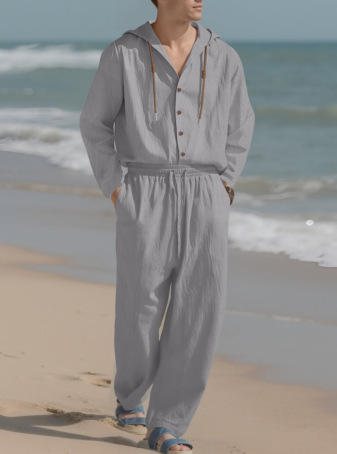 Men's casual hoodie shirt with continuous button placket, decorative drawstring, and relaxed fit StylebySassy
