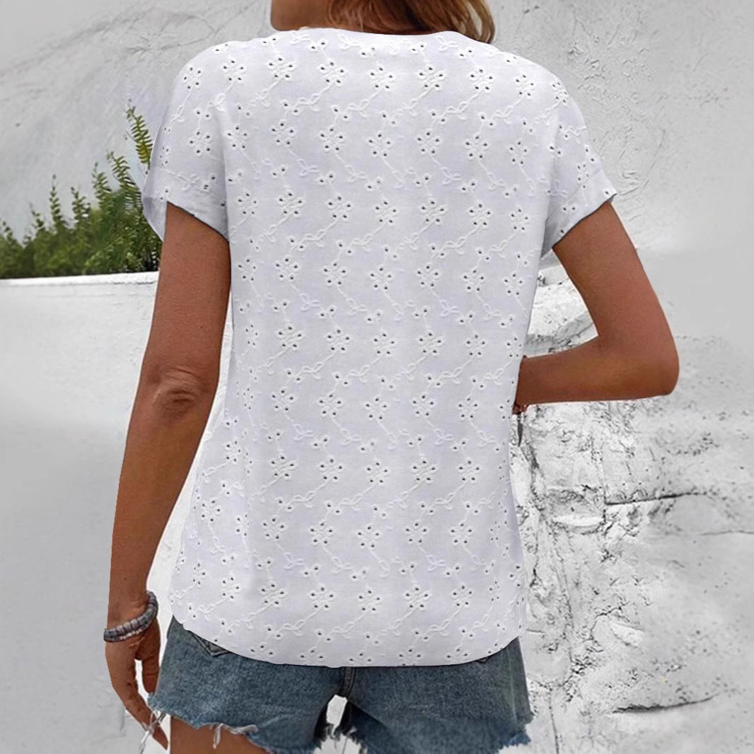 Women's light ajour lace blouse with V-neck, continuous button placket, and rolled short sleeves StylebySassy