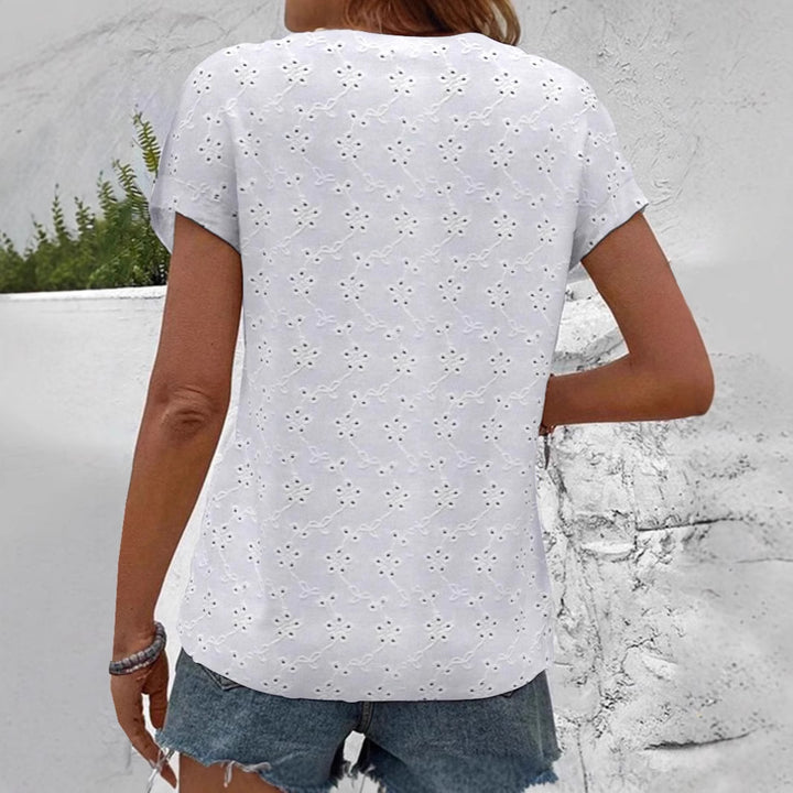 Women's light ajour lace blouse with V-neck, continuous button placket, and rolled short sleeves StylebySassy