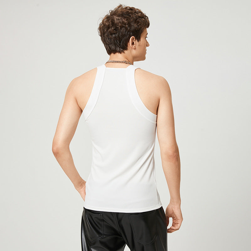 Women's form-fitting ribbed top with high round neckline and wide straps StylebySassy