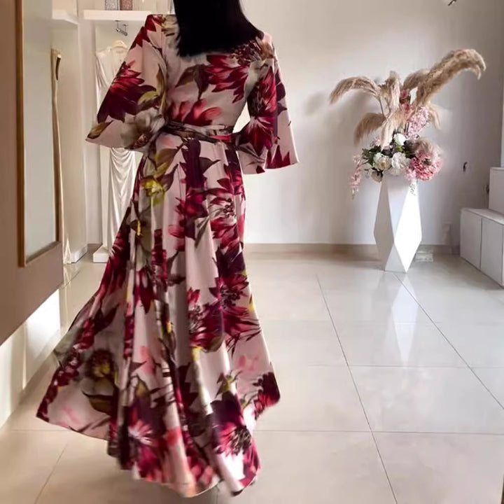 Ladies nan maxi dress with shawl collar, kimono sleeves and waist-defining tie belt StylebySassy