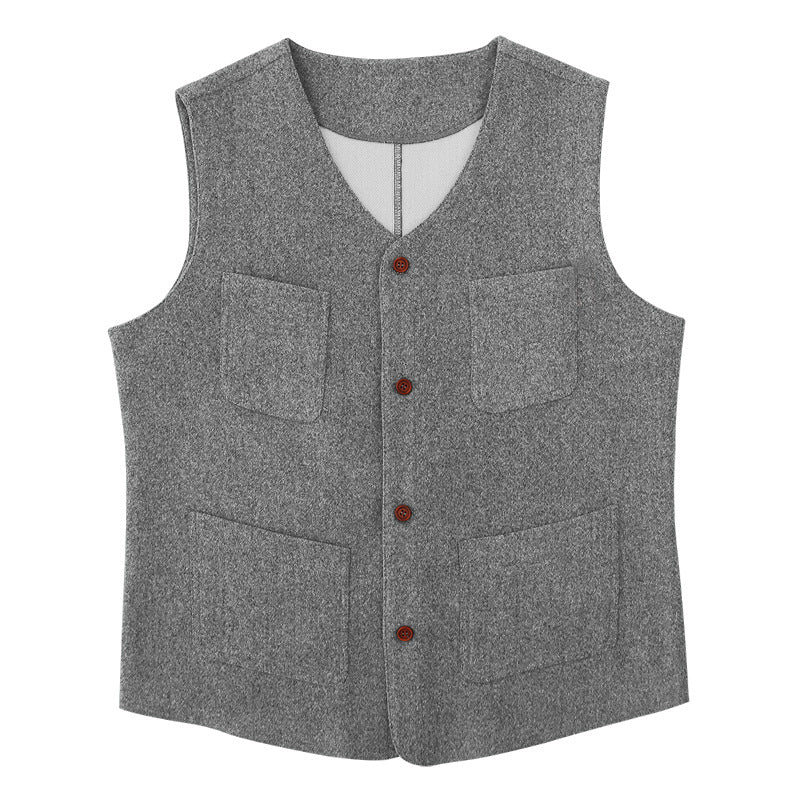 Men's wool blend vest with V-neck, patch pockets, and mesh lining StylebySassy